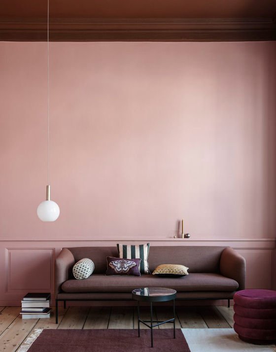 Collect Lighting contemporary pendant light in opal glass and brass in pink living room