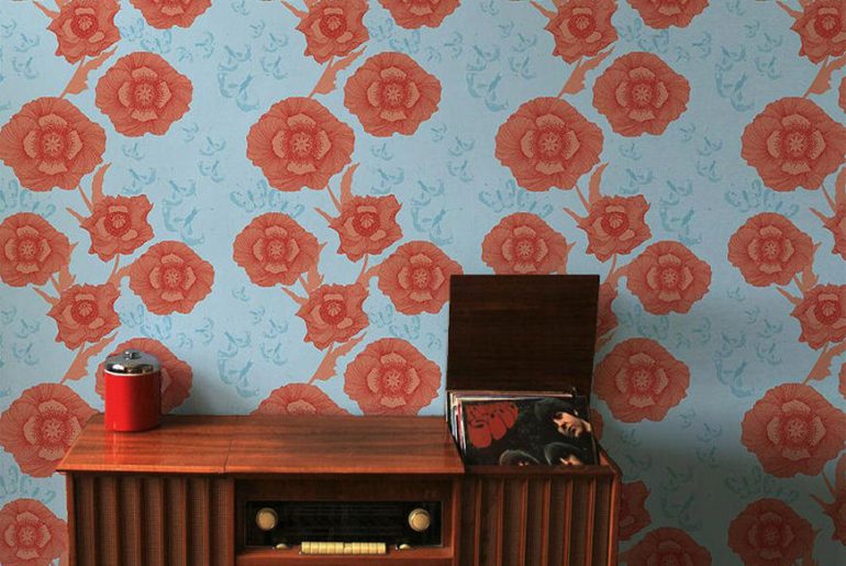 contemporary floral wallpaper in orange and blue