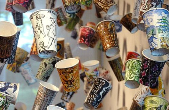 Painted paper coffee cups by Gwyneth Leech
