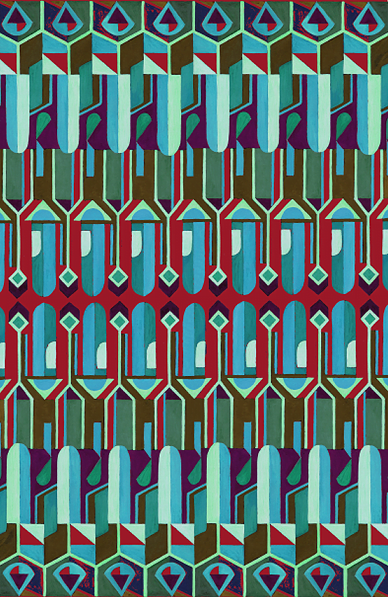 Art deco style textile design in burqouise, purple, red and black