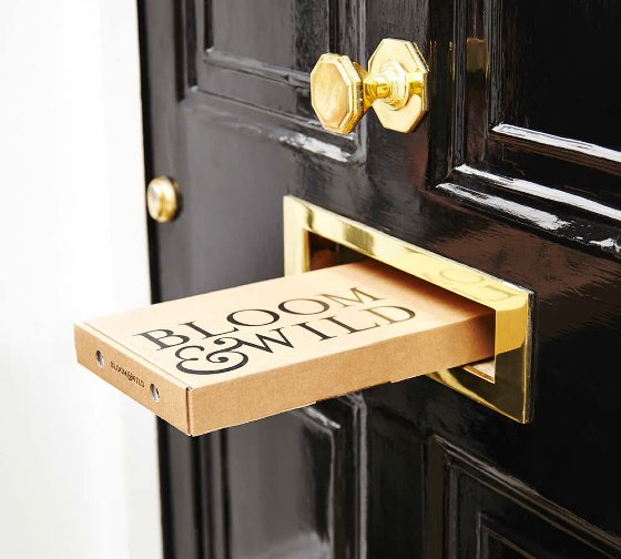 Bloom & Wild box of letterbox flowers sticking out of letterbox in black front door