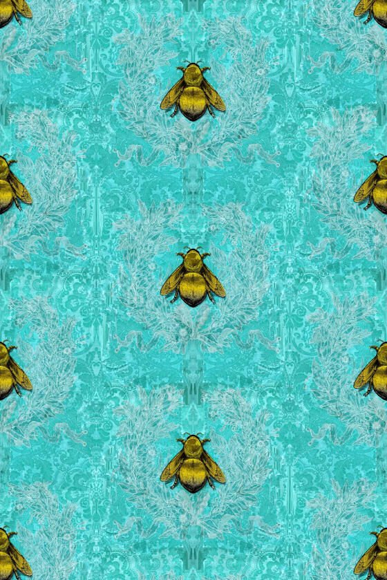Imperial Apiary Blue Imperial Apiary Wallpaper with golden bees on turquoise damask ground