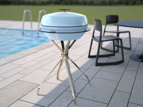 Blue and silver Halo Cooltouch Barbeque on patio by swimming pool
