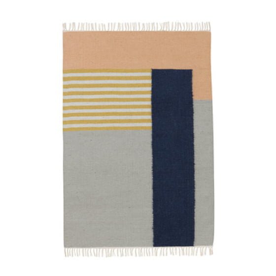Contemporary colourful Kelim rug in grey, yellow, apricot and navy blue by Ferm Living