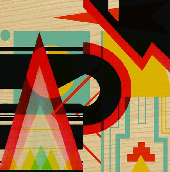Bold colourful art deco style geometric design in turquoise, red, black and yellow printed on wood