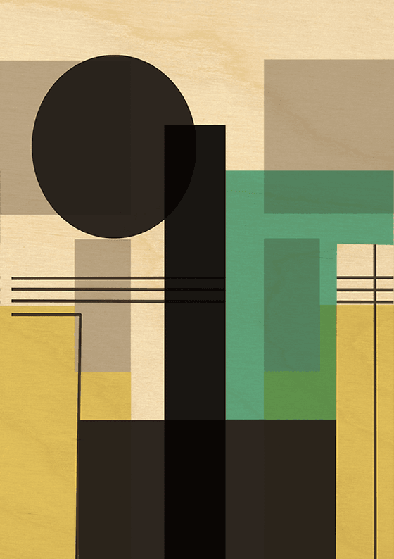 Bold graphic print on wood with black circle and block and turquoise and grey blocks