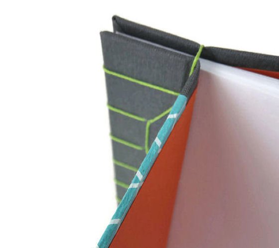 Detail of spine of Japanese stab bound handmade journal and orange lining paper