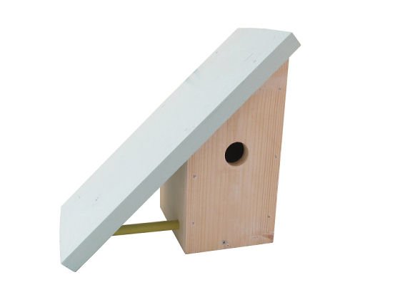 Contemporary birdhouse in wood with sloping painted roof and side terrace perch
