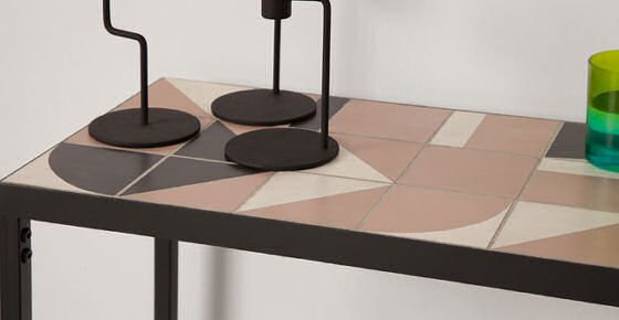 MADE Vitti console table detail with pink and black tiles and black metal frame