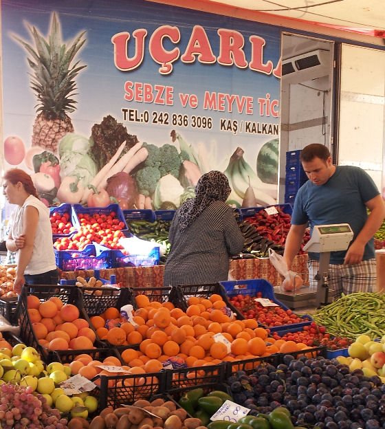 Fruit and vegetable stand at market in Kas Turkey