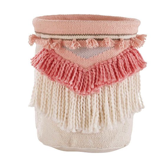 Pink and White Fringed Storage Basket