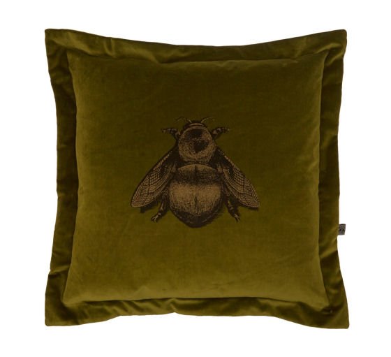 Olive green velvet cushion with bee motif from Liberty London