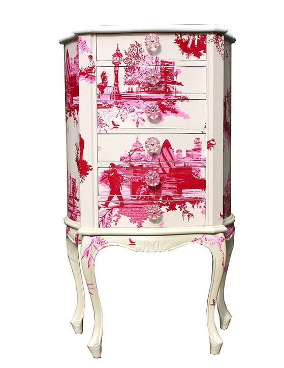 Bryonie Porter French Tallboy French Tallboy covered in red and pink London Toile wallpaper