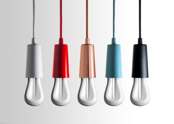 Plumen 002 light bulb with colourful drop caps in white, red, copper, blue and black
