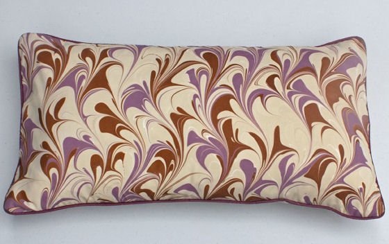 Marbled silk cushion in beige, brown and lilac