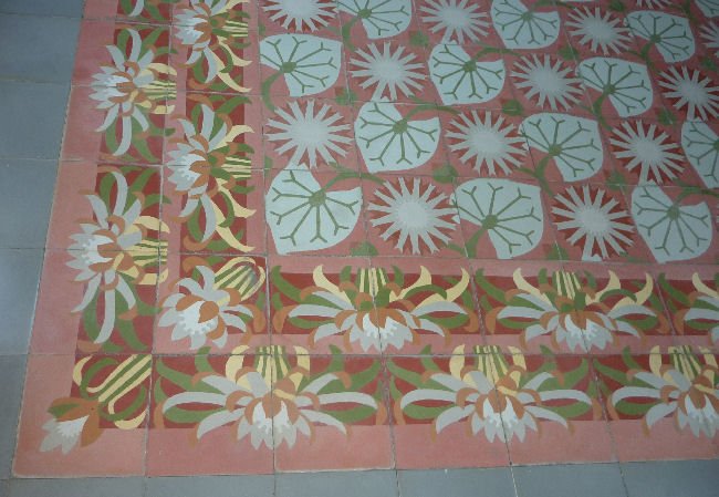 Pink and green patterned cement tiles at Ca'n Prunera, Soller Majorca