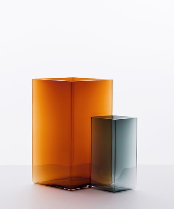 Orange and blue glass Ruutu vases by Iittala