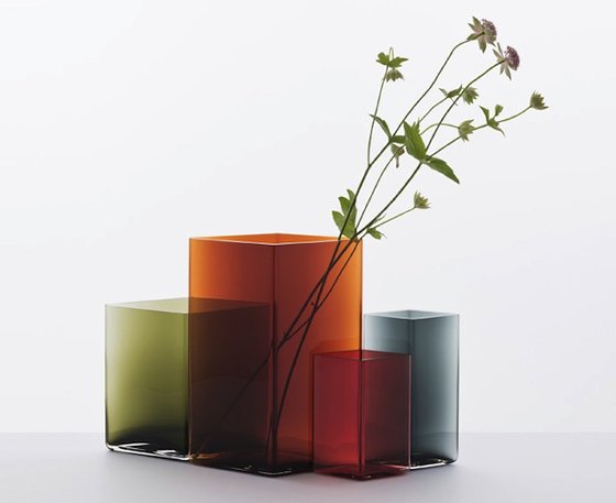 Group of coloured glass Ruutu vases with flowers