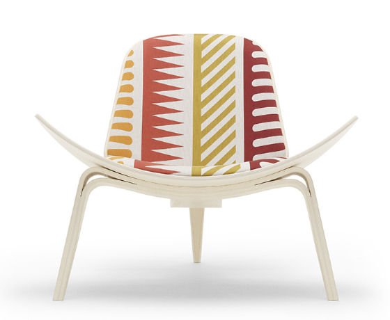 Hans Wegner Shell Chair in red, orange and yellow Alexander Girard Palio fabric for The Shell Chair Project