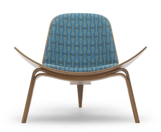 Hans Wegner Shell Chairs in turquoise geometric Josef Hoffman fabric for The Shell Chair Project