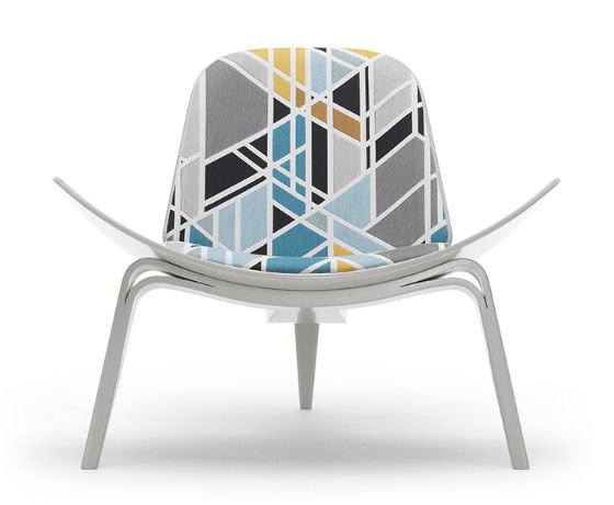 Hans Wegner Shell Chair in geometric turquoise, blue, grey and yellow fabric by Sarah Morris for The Shell Chair Project