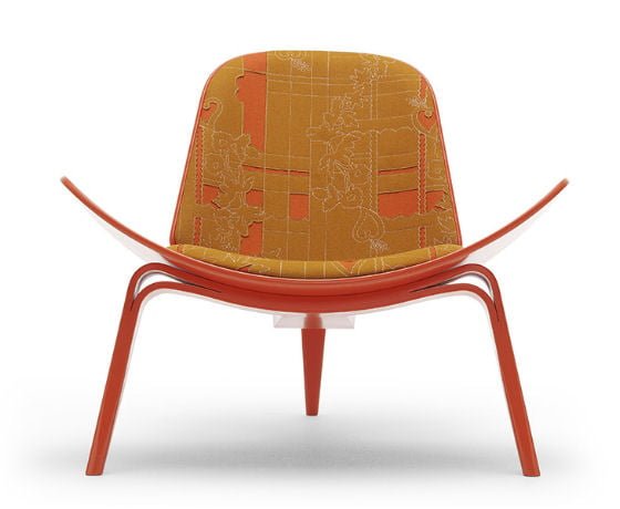 Hans Wegner Shell Chair in orange felted wool and embroidered 'Layers' fabric by Hella Jongerius for The Shell Chair Project