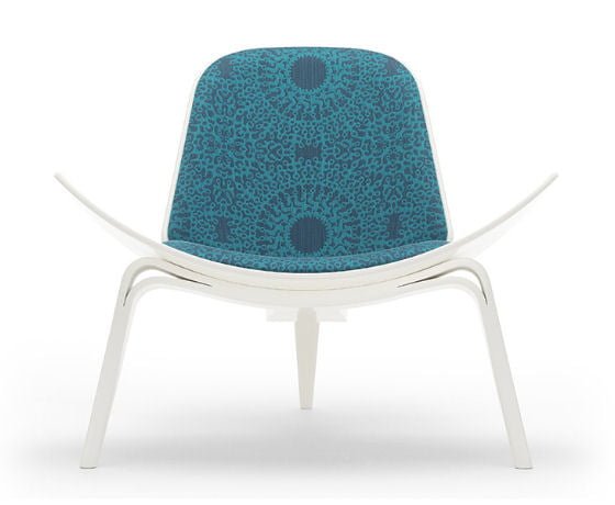 Hans Wegner Shell Chair in tone on tone turquoise 'Centric' fabric with white frame by Marian Bantjes for The Shell Chair Project