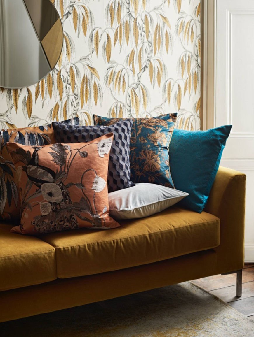 Yellow velvet sofa and multicoloured patterned cushions from the Palazzo Collection by John Lewis & Partners