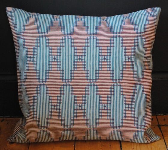 Hand printed Linen cushion in Sky Blue and Burgundy