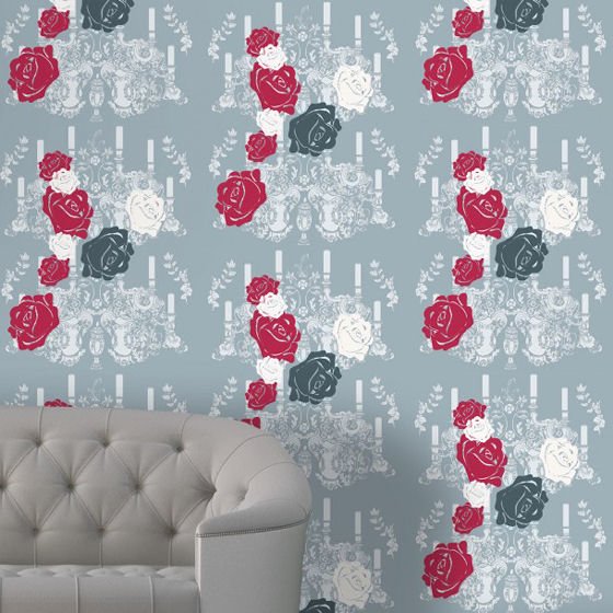 Modern wallcovering with roses and candelabra