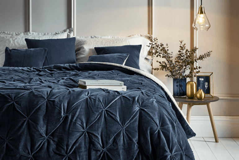 navy cotton velvet quilt with linen backing