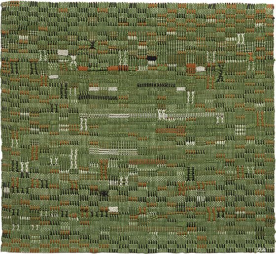 Anni Albers weaving, Pasture 1958, mercerised cotton Anni Albers weaving, Pasture 1958, green and multicoloured cotton woven fabric