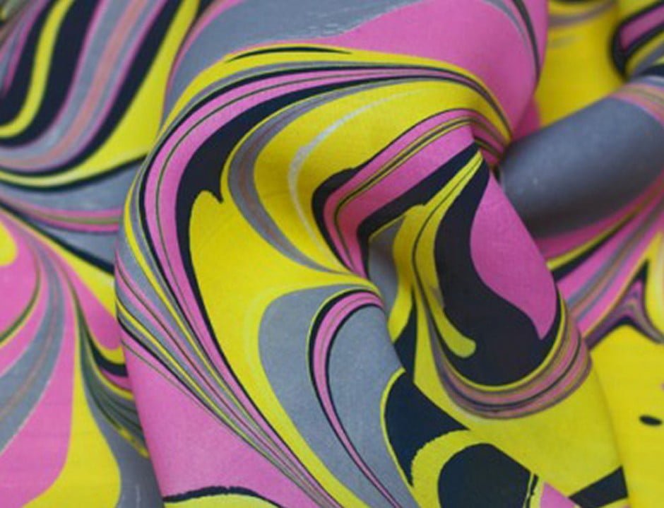 Hand marbled silk fabric by Janey Whitehorn • Colourful Beautiful Things